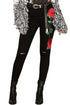 Sexy Double Rose Embroidery Distressed Black Skinny Jeans